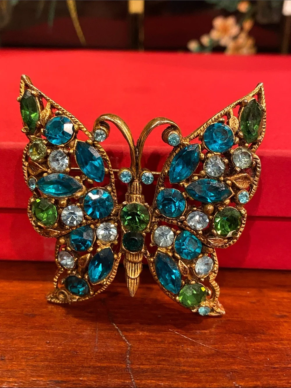 Regency Gold-Tone Butterfly Brooch with Blue & Green Crystal Rhinestones